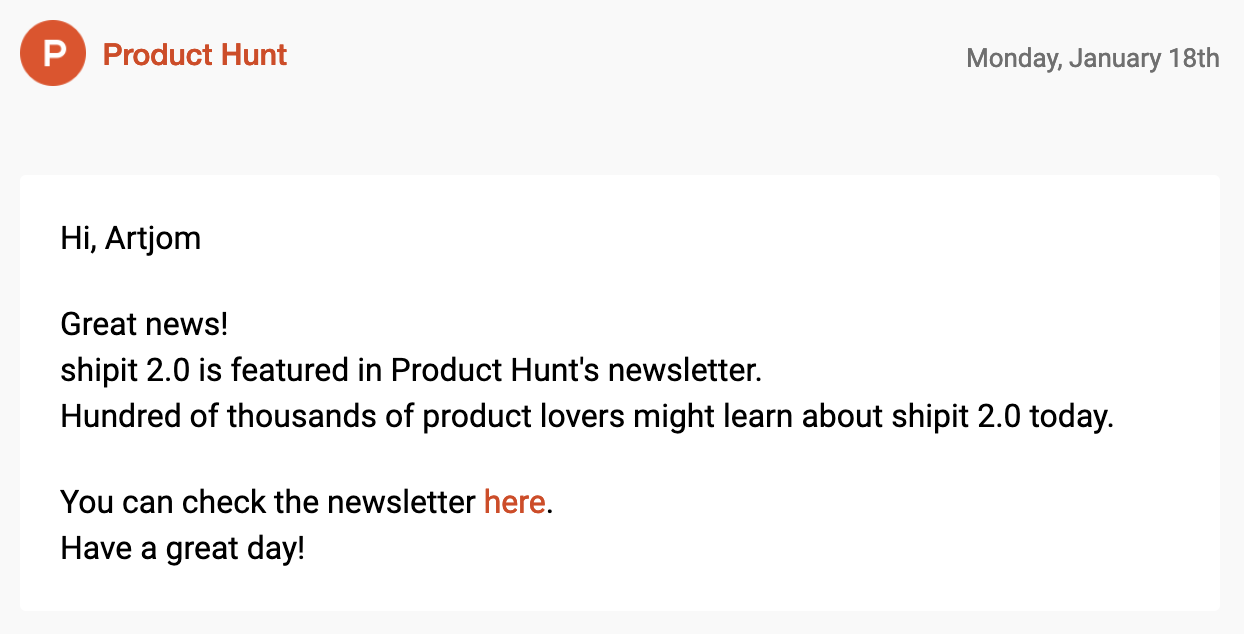 Product Hunt email featuring shipit